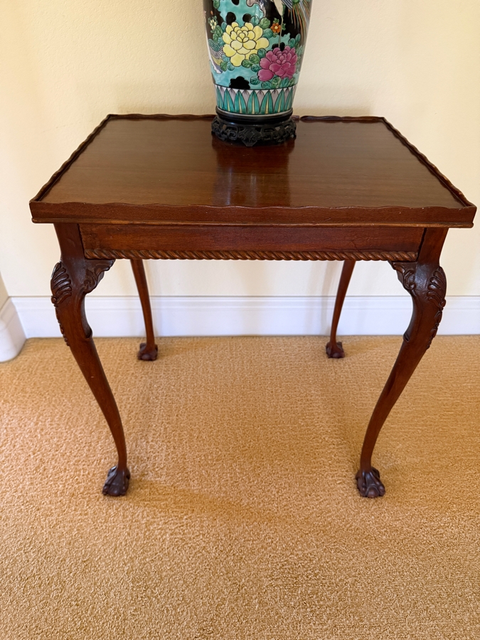 Vintage Chippendale Style Mahogany Side Table With Scalloped Gallery Rim Rope Twist Apron And Ball And Claw Feet 20.5'W X 16.5'D X 23'H [Photo 2]