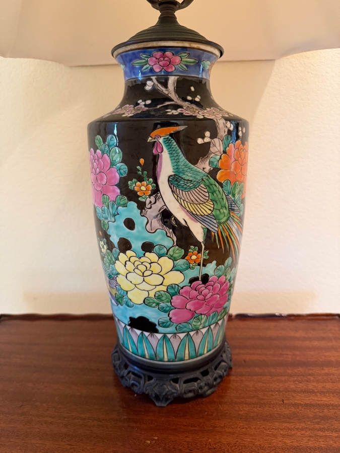 Vintage Chinese Famille Noire Porcelain Baluster Vase Table Lamp Decorated With Phoenix Bird And Peony Blossoms 27'H [Photo 6]
