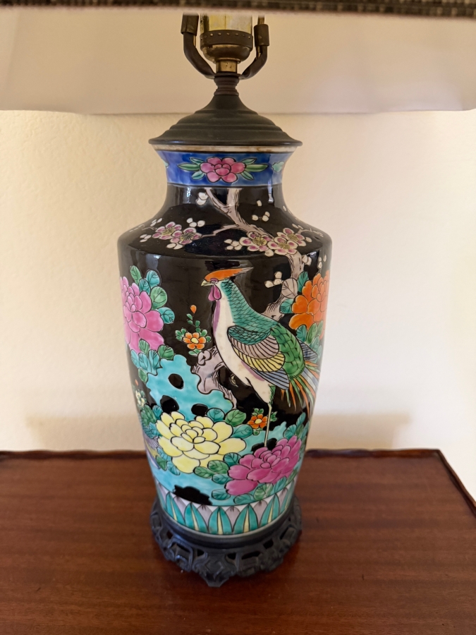 Vintage Chinese Famille Noire Porcelain Baluster Vase Table Lamp Decorated With Phoenix Bird And Peony Blossoms 27'H [Photo 2]