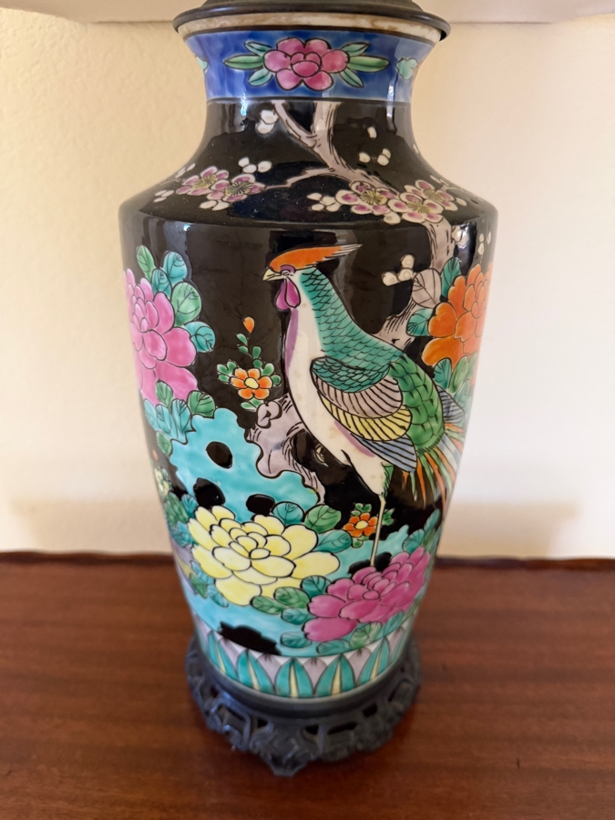 Vintage Chinese Famille Noire Porcelain Baluster Vase Table Lamp Decorated With Phoenix Bird And Peony Blossoms 27'H [Photo 4]