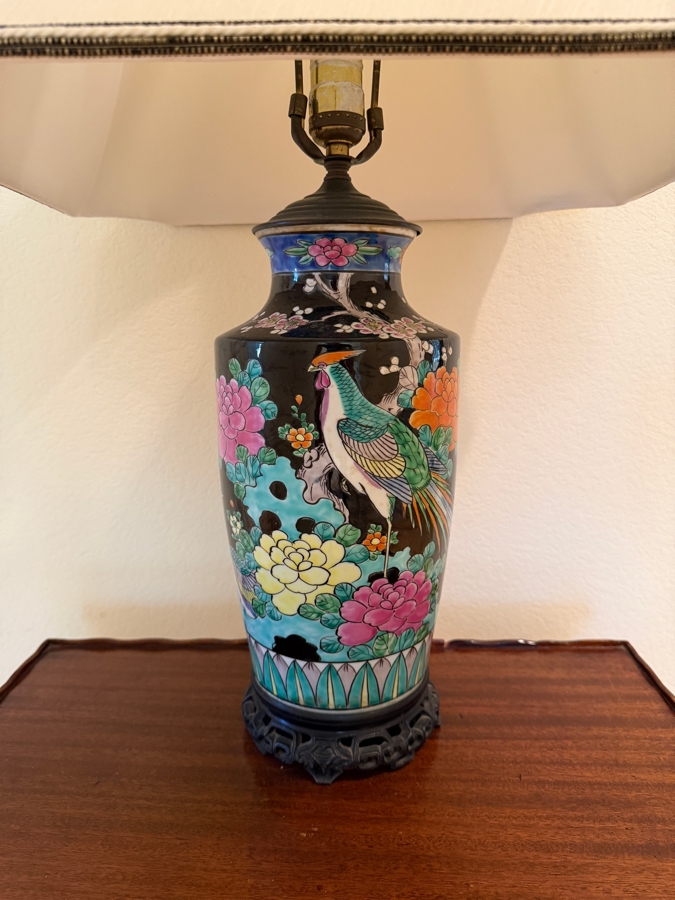 Vintage Chinese Famille Noire Porcelain Baluster Vase Table Lamp Decorated With Phoenix Bird And Peony Blossoms 27'H [Photo 7]