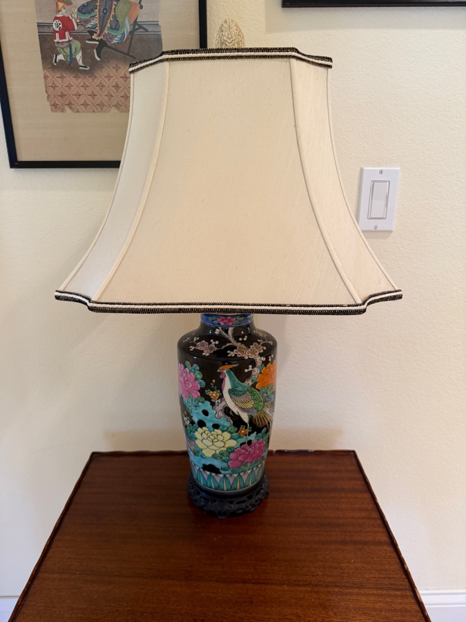 Vintage Chinese Famille Noire Porcelain Baluster Vase Table Lamp Decorated With Phoenix Bird And Peony Blossoms 27'H [Photo 8]