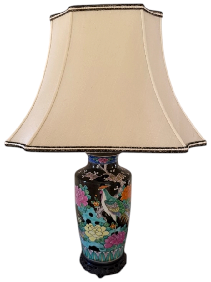 Vintage Chinese Famille Noire Porcelain Baluster Vase Table Lamp Decorated With Phoenix Bird And Peony Blossoms 27'H
