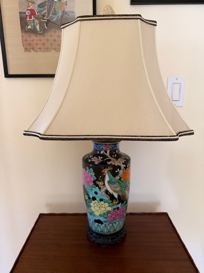 Vintage Chinese Famille Noire Porcelain Baluster Vase Table Lamp Decorated With Phoenix Bird And Peony Blossoms 27'H [Photo 3]