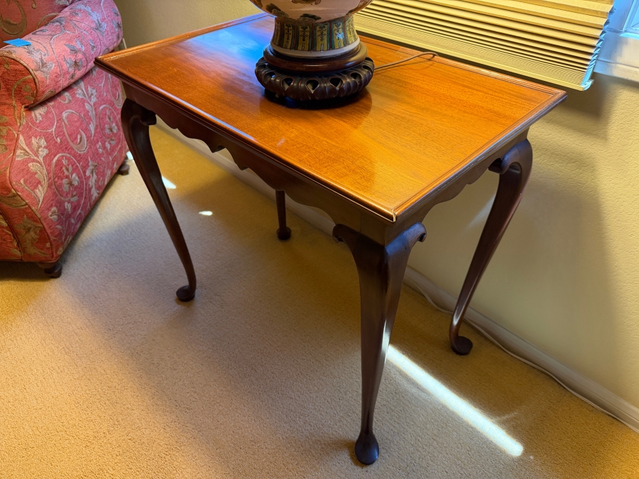 Traditional Queen Anne Style Mahogany Side Table With Pull Out Drink Trays Scalloped Apron And Pad Feet 29'W X 18'D X 27'H [Photo 2]