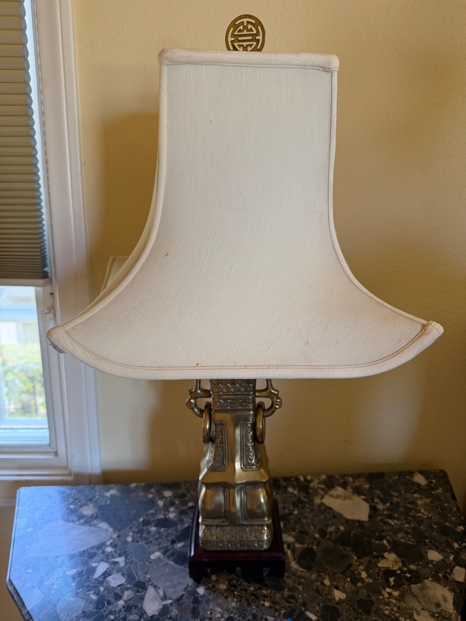 Pair of Vintage Chinoiserie Brass Archaic Gu Vase Table Lamp With Double Happiness Finial and Pagoda Fabric Shade 29'H