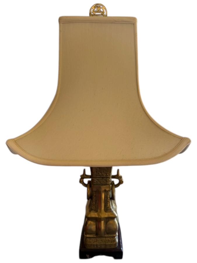 Pair of Vintage Chinoiserie Brass Archaic Gu Vase Table Lamp With Double Happiness Finial and Pagoda Fabric Shade 29'H [Photo 7]