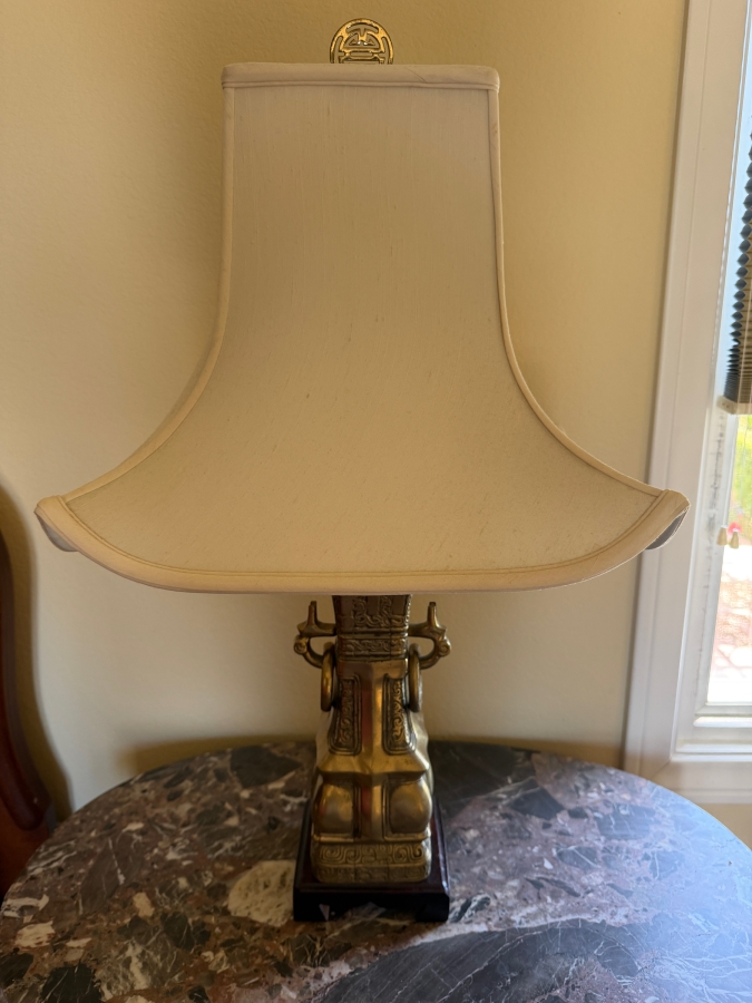 Pair of Vintage Chinoiserie Brass Archaic Gu Vase Table Lamp With Double Happiness Finial and Pagoda Fabric Shade 29'H [Photo 2]