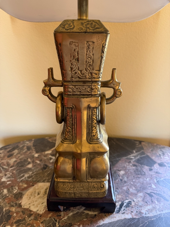 Pair of Vintage Chinoiserie Brass Archaic Gu Vase Table Lamp With Double Happiness Finial and Pagoda Fabric Shade 29'H [Photo 3]
