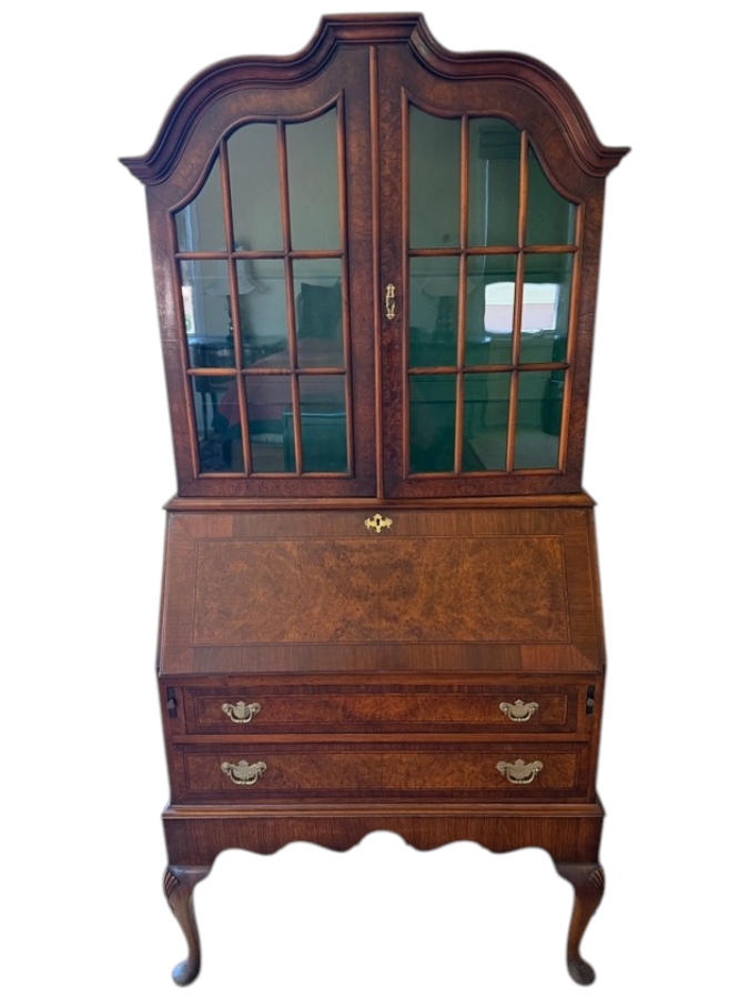 Traditional Queen Anne Style Burl Walnut Secretary Desk With Arched Top Mullioned Glass Doors And Slant Front Writing Surface 33'W X 18'D X 72'H