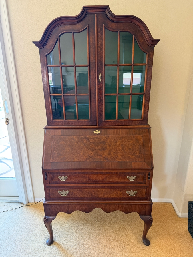 Traditional Queen Anne Style Burl Walnut Secretary Desk With Arched Top Mullioned Glass Doors And Slant Front Writing Surface 33'W X 18'D X 72'H [Photo 3]