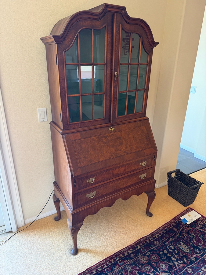Traditional Queen Anne Style Burl Walnut Secretary Desk With Arched Top Mullioned Glass Doors And Slant Front Writing Surface 33'W X 18'D X 72'H [Photo 4]