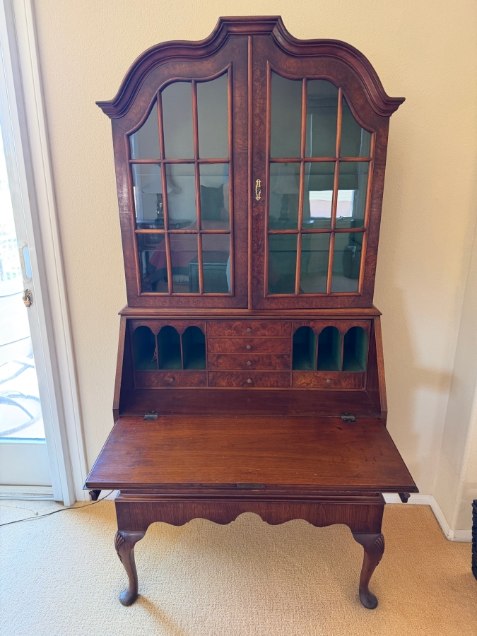 Traditional Queen Anne Style Burl Walnut Secretary Desk With Arched Top Mullioned Glass Doors And Slant Front Writing Surface 33'W X 18'D X 72'H [Photo 2]