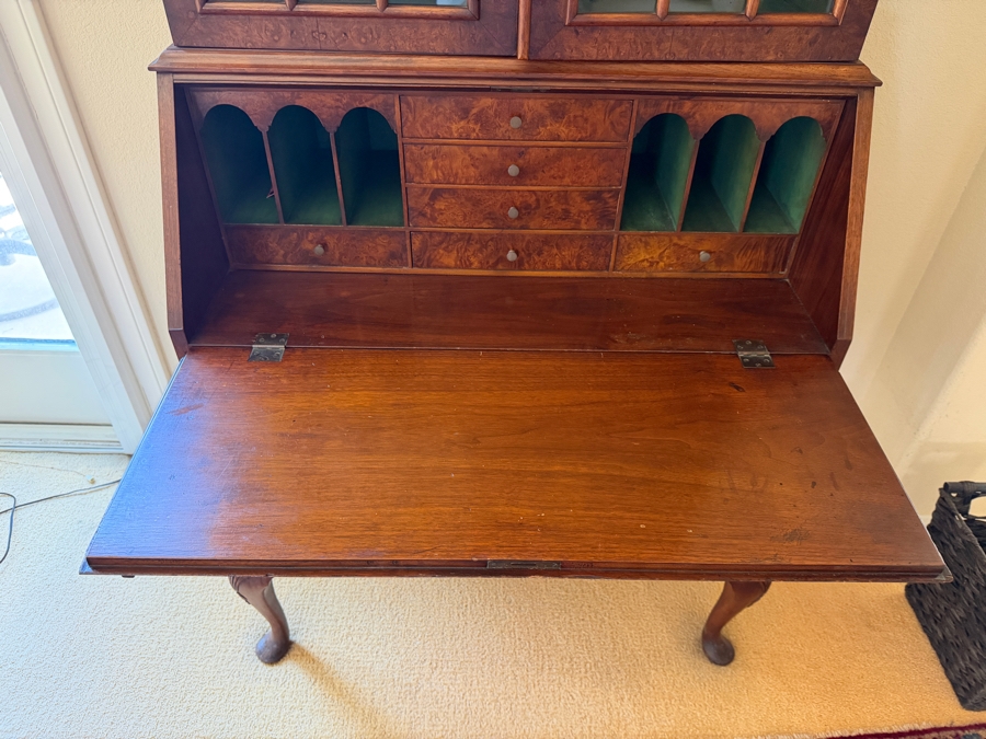 Traditional Queen Anne Style Burl Walnut Secretary Desk With Arched Top Mullioned Glass Doors And Slant Front Writing Surface 33'W X 18'D X 72'H [Photo 5]