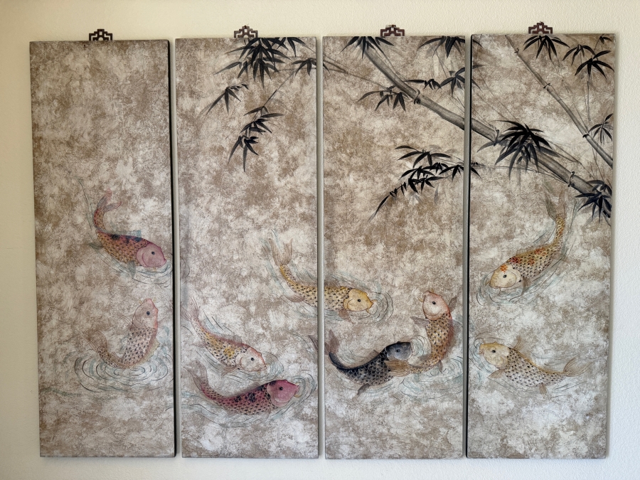 Vintage Chinese Four Panel Painting Set Depicting Koi Carp Fish Swimming Under Bamboo Stalks 48' X 36'