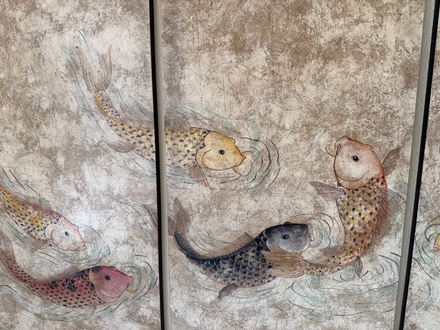 Vintage Chinese Four Panel Painting Set Depicting Koi Carp Fish Swimming Under Bamboo Stalks 48' X 36' [Photo 3]