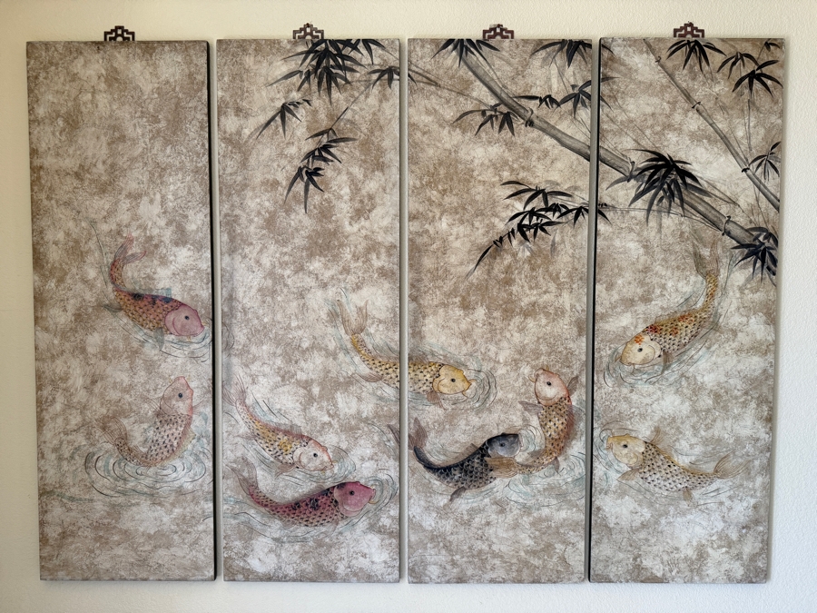 Vintage Chinese Four Panel Painting Set Depicting Koi Carp Fish Swimming Under Bamboo Stalks 48' X 36' [Photo 2]