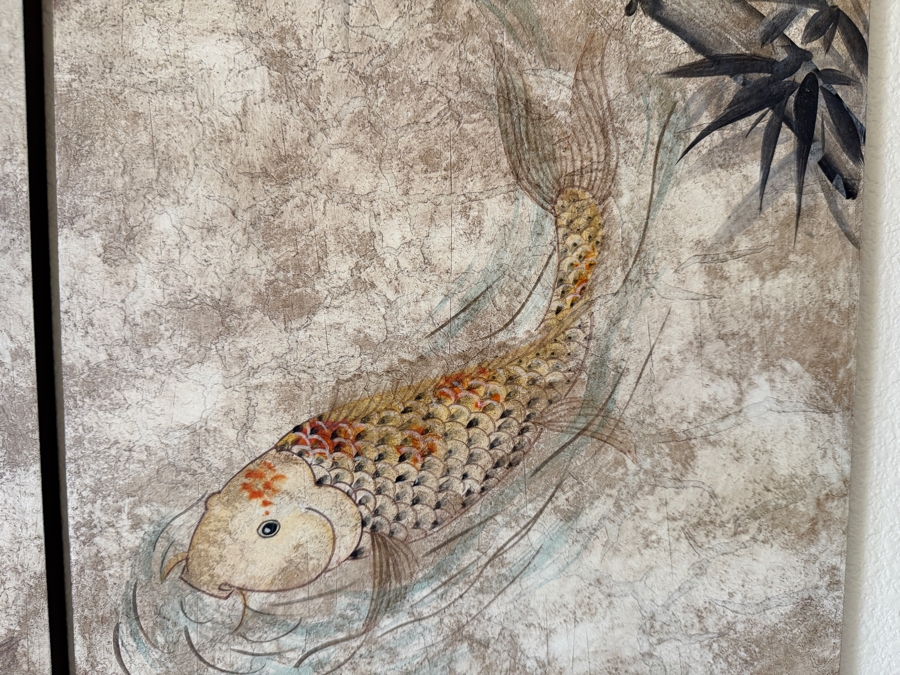 Vintage Chinese Four Panel Painting Set Depicting Koi Carp Fish Swimming Under Bamboo Stalks 48' X 36' [Photo 4]