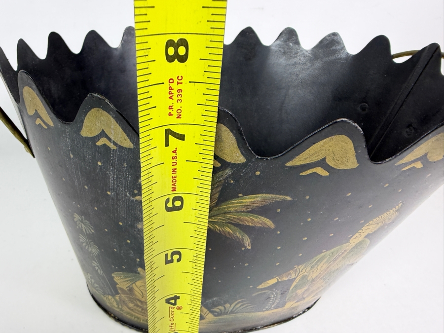 Vintage Chinoiserie Black Tôle Painted Cachepot Bucket Featuring Hand Painted Persian Figures And Scalloped Rim 12'W X 10'D X 7'H [Photo 9]