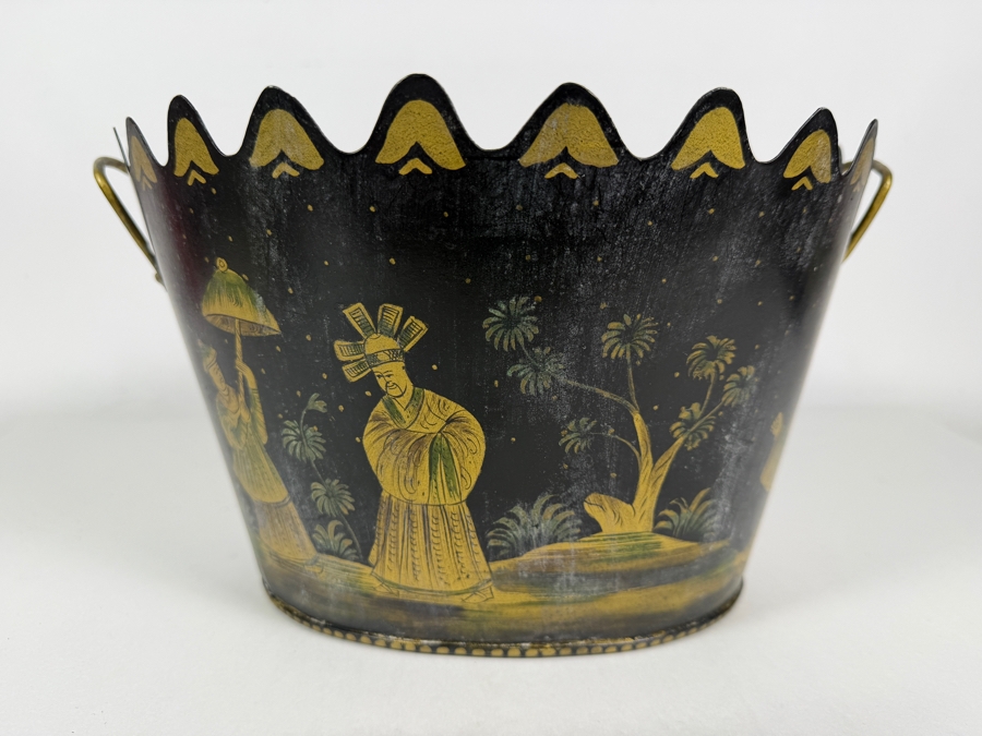 Vintage Chinoiserie Black Tôle Painted Cachepot Bucket Featuring Hand Painted Persian Figures And Scalloped Rim 12'W X 10'D X 7'H [Photo 5]