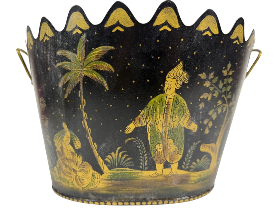 Vintage Chinoiserie Black Tôle Painted Cachepot Bucket Featuring Hand Painted Persian Figures And Scalloped Rim 12'W X 10'D X 7'H