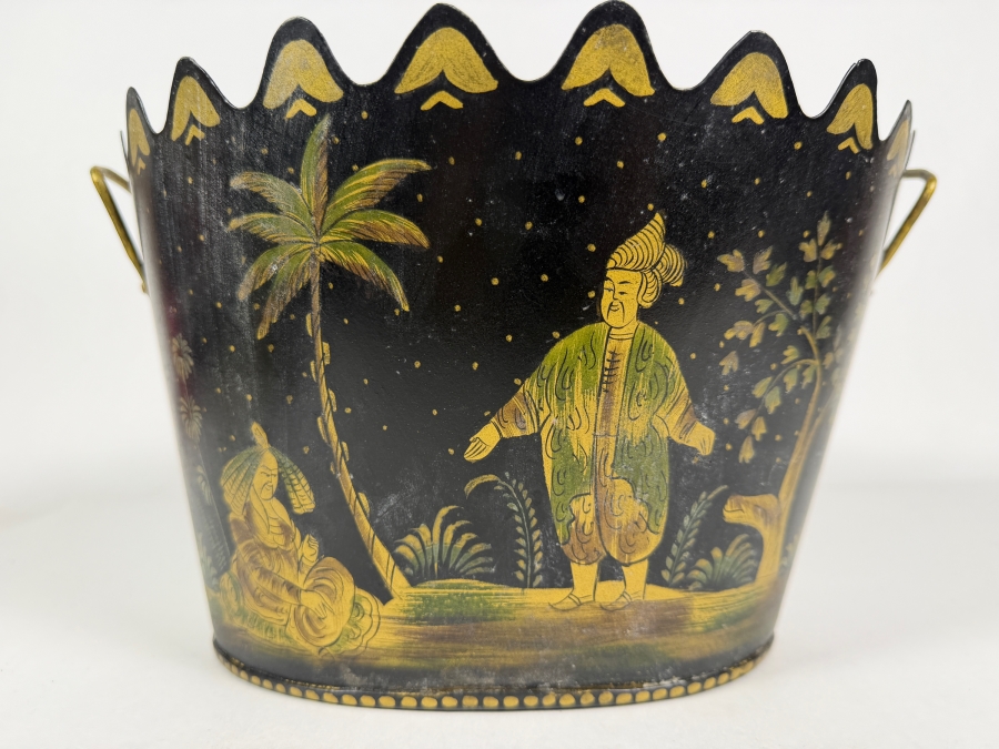 Vintage Chinoiserie Black Tôle Painted Cachepot Bucket Featuring Hand Painted Persian Figures And Scalloped Rim 12'W X 10'D X 7'H [Photo 2]