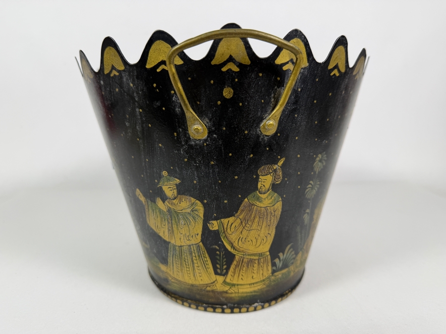Vintage Chinoiserie Black Tôle Painted Cachepot Bucket Featuring Hand Painted Persian Figures And Scalloped Rim 12'W X 10'D X 7'H [Photo 4]
