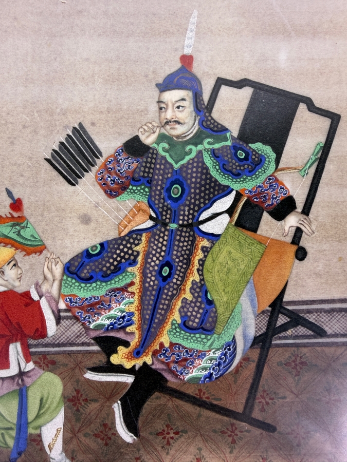 Antique 19th Century Chinese Qing Dynasty Export Gouache Painting On Pith Paper Depicting A Military General Seated In Folding Chair With Attendant 8' X 13' Framed: 13' X 19' [Photo 5]