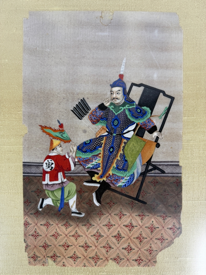 Antique 19th Century Chinese Qing Dynasty Export Gouache Painting On Pith Paper Depicting A Military General Seated In Folding Chair With Attendant 8' X 13' Framed: 13' X 19'