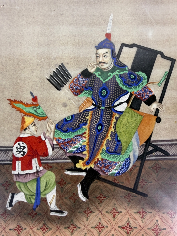 Antique 19th Century Chinese Qing Dynasty Export Gouache Painting On Pith Paper Depicting A Military General Seated In Folding Chair With Attendant 8' X 13' Framed: 13' X 19' [Photo 4]