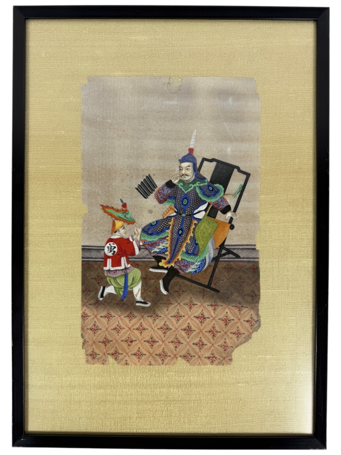 Antique 19th Century Chinese Qing Dynasty Export Gouache Painting On Pith Paper Depicting A Military General Seated In Folding Chair With Attendant 8' X 13' Framed: 13' X 19' [Photo 2]