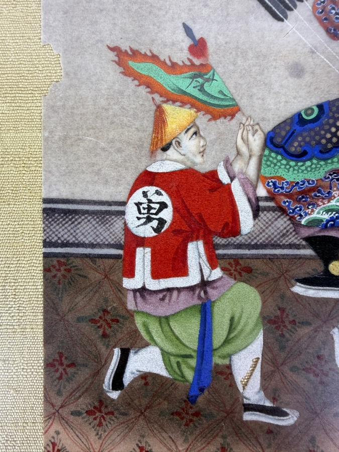 Antique 19th Century Chinese Qing Dynasty Export Gouache Painting On Pith Paper Depicting A Military General Seated In Folding Chair With Attendant 8' X 13' Framed: 13' X 19' [Photo 3]