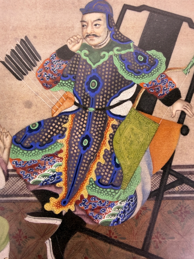 Antique 19th Century Chinese Qing Dynasty Export Gouache Painting On Pith Paper Depicting A Military General Seated In Folding Chair With Attendant 8' X 13' Framed: 13' X 19' [Photo 9]