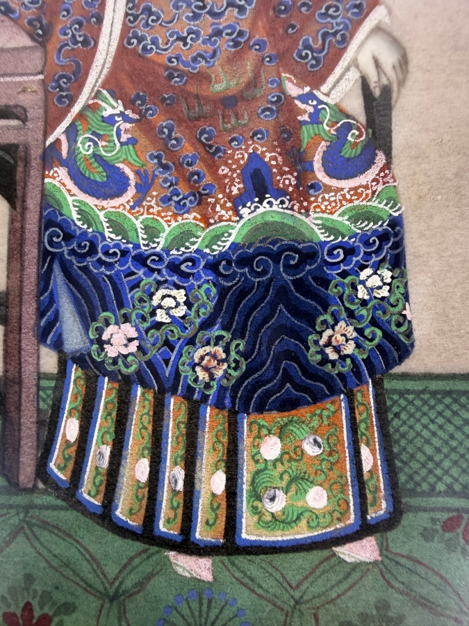 Antique 19th Century Chinese Qing Dynasty Export Gouache Painting On Pith Paper Depicting Noble Lady Seated At Dressing Table With Attendant 8' X 13' Framed: 13' X 19' [Photo 11]