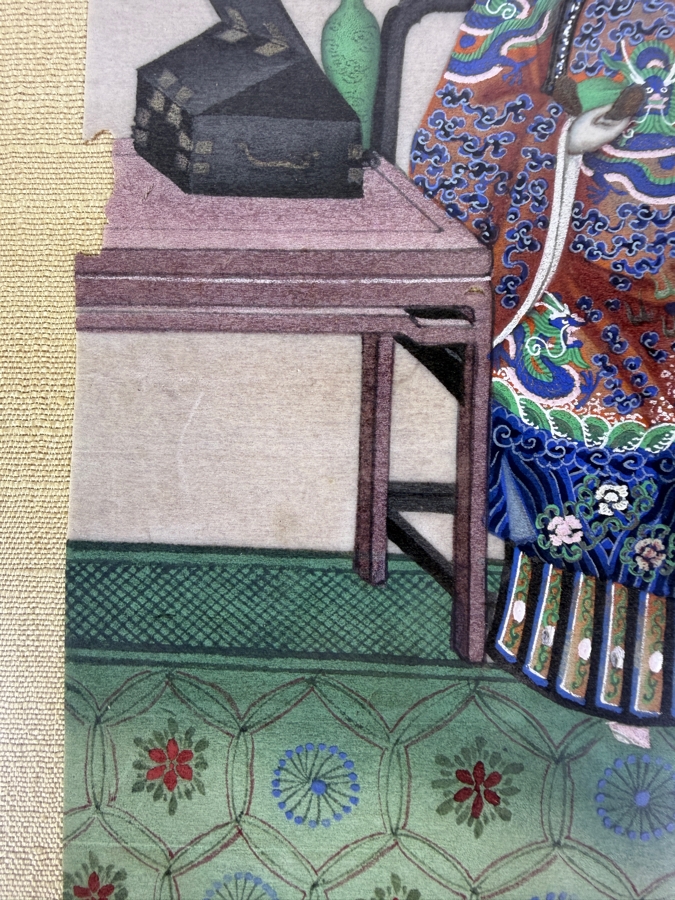 Antique 19th Century Chinese Qing Dynasty Export Gouache Painting On Pith Paper Depicting Noble Lady Seated At Dressing Table With Attendant 8' X 13' Framed: 13' X 19' [Photo 13]