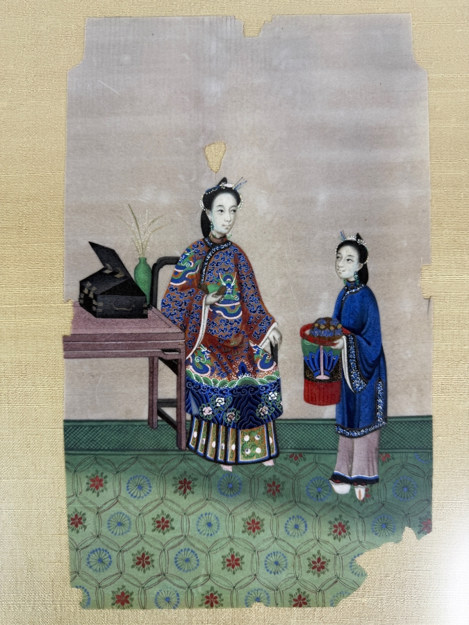 Antique 19th Century Chinese Qing Dynasty Export Gouache Painting On Pith Paper Depicting Noble Lady Seated At Dressing Table With Attendant 8' X 13' Framed: 13' X 19'
