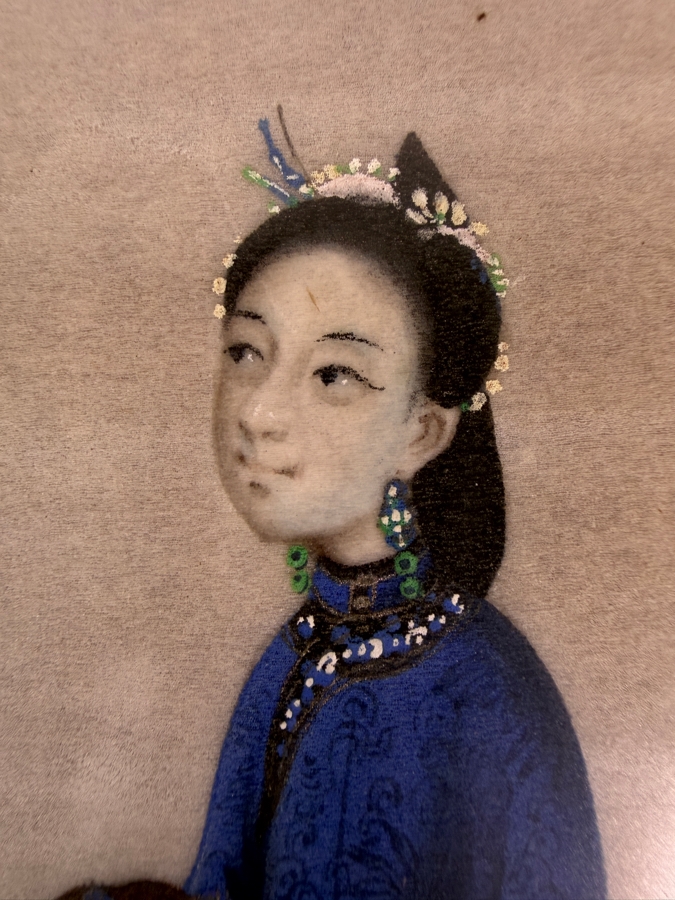 Antique 19th Century Chinese Qing Dynasty Export Gouache Painting On Pith Paper Depicting Noble Lady Seated At Dressing Table With Attendant 8' X 13' Framed: 13' X 19' [Photo 7]