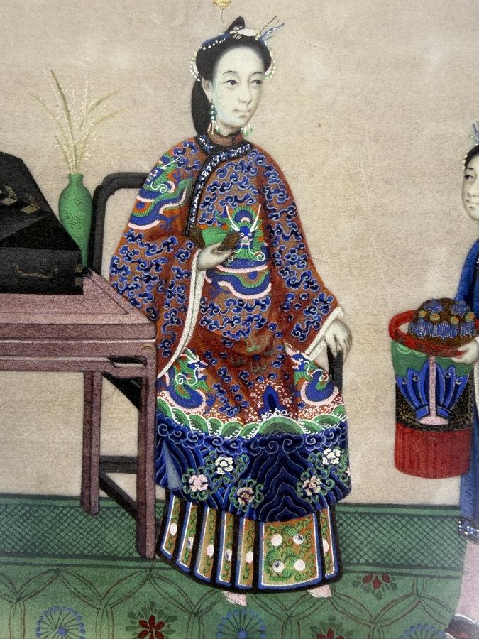 Antique 19th Century Chinese Qing Dynasty Export Gouache Painting On Pith Paper Depicting Noble Lady Seated At Dressing Table With Attendant 8' X 13' Framed: 13' X 19' [Photo 9]