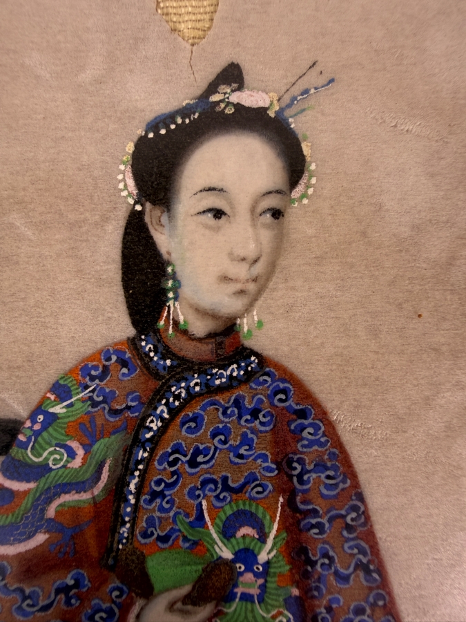 Antique 19th Century Chinese Qing Dynasty Export Gouache Painting On Pith Paper Depicting Noble Lady Seated At Dressing Table With Attendant 8' X 13' Framed: 13' X 19' [Photo 8]
