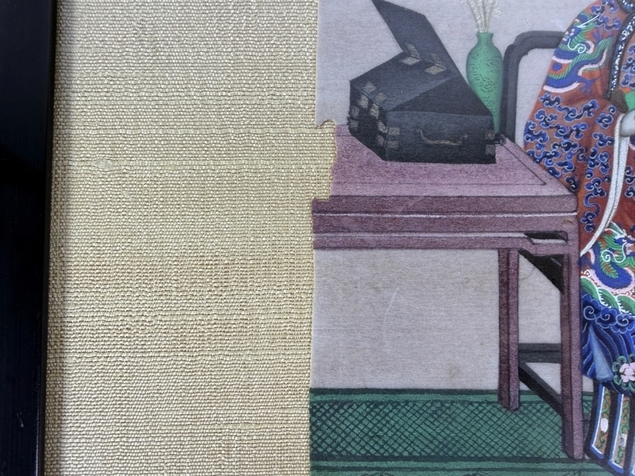 Antique 19th Century Chinese Qing Dynasty Export Gouache Painting On Pith Paper Depicting Noble Lady Seated At Dressing Table With Attendant 8' X 13' Framed: 13' X 19' [Photo 16]