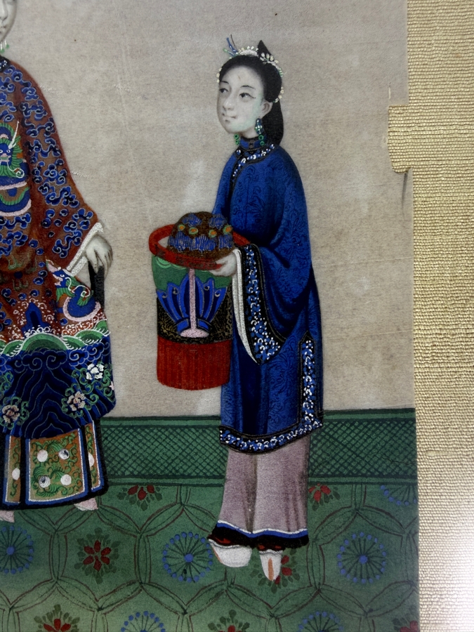Antique 19th Century Chinese Qing Dynasty Export Gouache Painting On Pith Paper Depicting Noble Lady Seated At Dressing Table With Attendant 8' X 13' Framed: 13' X 19' [Photo 4]