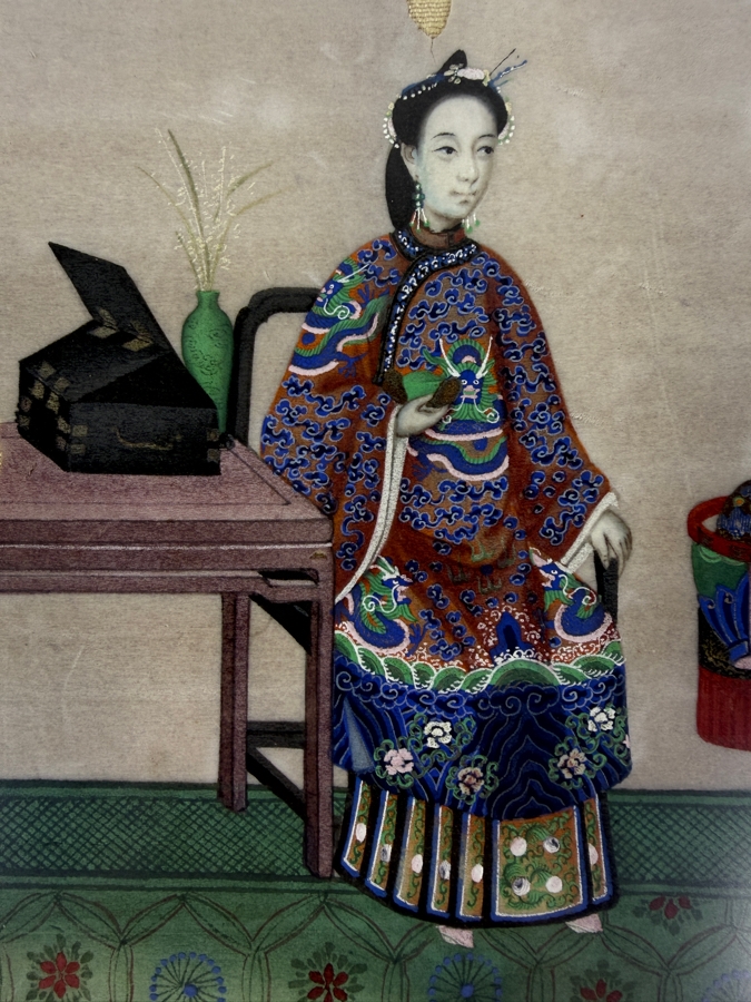 Antique 19th Century Chinese Qing Dynasty Export Gouache Painting On Pith Paper Depicting Noble Lady Seated At Dressing Table With Attendant 8' X 13' Framed: 13' X 19' [Photo 3]