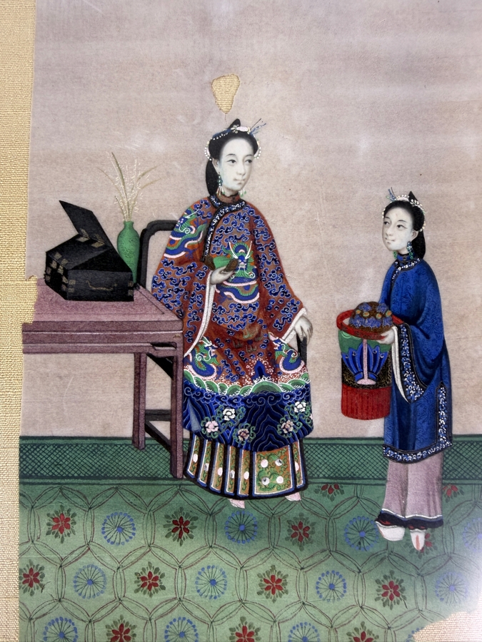 Antique 19th Century Chinese Qing Dynasty Export Gouache Painting On Pith Paper Depicting Noble Lady Seated At Dressing Table With Attendant 8' X 13' Framed: 13' X 19' [Photo 2]