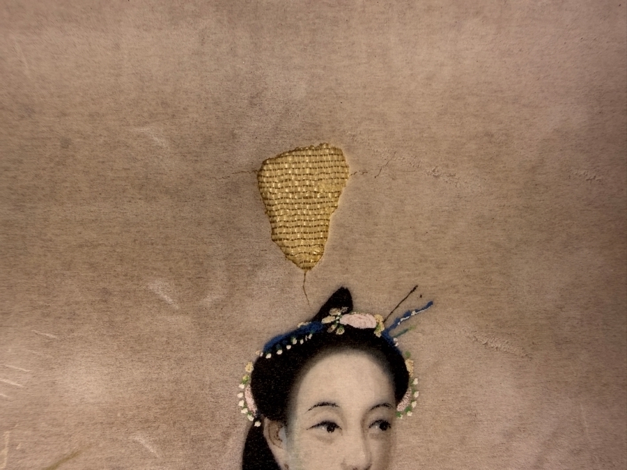 Antique 19th Century Chinese Qing Dynasty Export Gouache Painting On Pith Paper Depicting Noble Lady Seated At Dressing Table With Attendant 8' X 13' Framed: 13' X 19' [Photo 14]