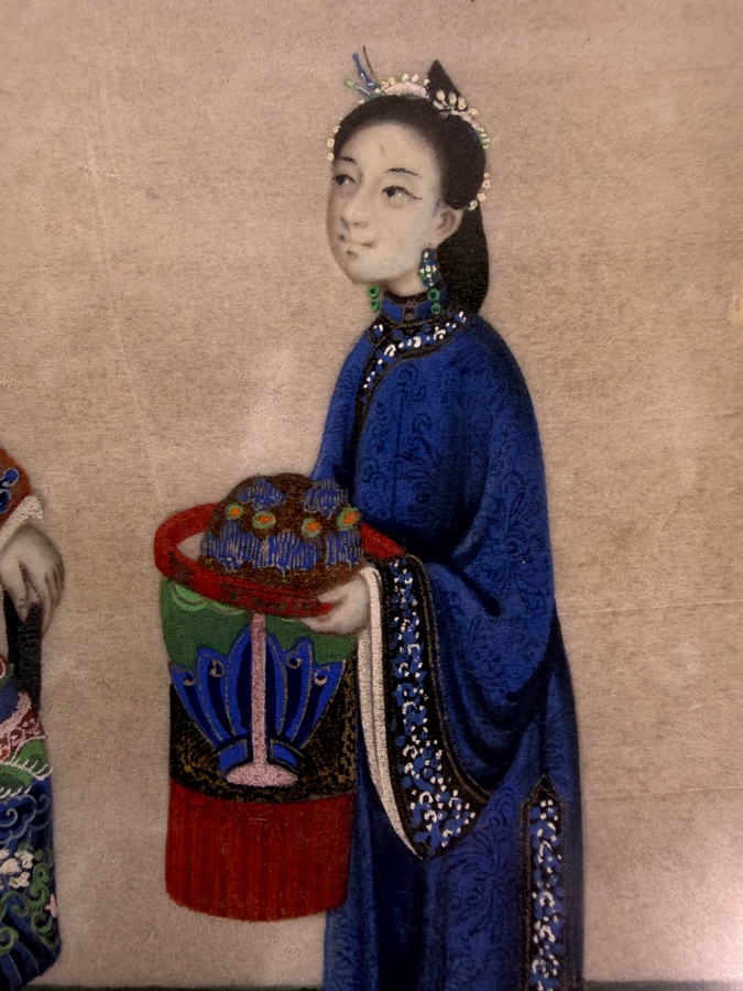 Antique 19th Century Chinese Qing Dynasty Export Gouache Painting On Pith Paper Depicting Noble Lady Seated At Dressing Table With Attendant 8' X 13' Framed: 13' X 19' [Photo 6]