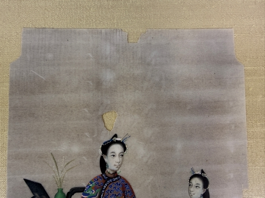 Antique 19th Century Chinese Qing Dynasty Export Gouache Painting On Pith Paper Depicting Noble Lady Seated At Dressing Table With Attendant 8' X 13' Framed: 13' X 19' [Photo 15]