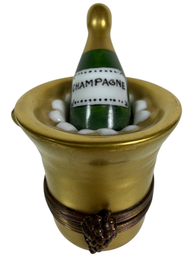 French Limoges Peint Main Porcelain Champagne Bottle In Gold Ice Bucket Hinged Trinket Box 2'H