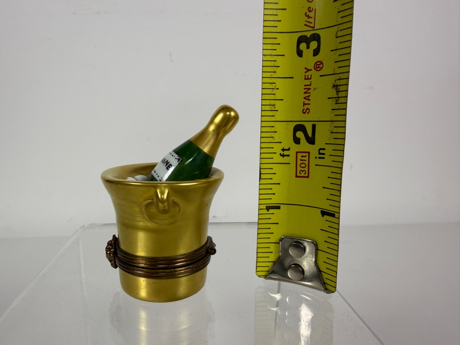 French Limoges Peint Main Porcelain Champagne Bottle In Gold Ice Bucket Hinged Trinket Box 2'H [Photo 6]