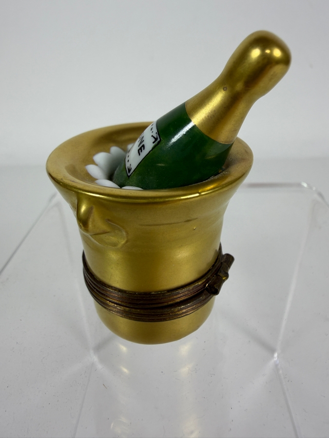 French Limoges Peint Main Porcelain Champagne Bottle In Gold Ice Bucket Hinged Trinket Box 2'H [Photo 2]