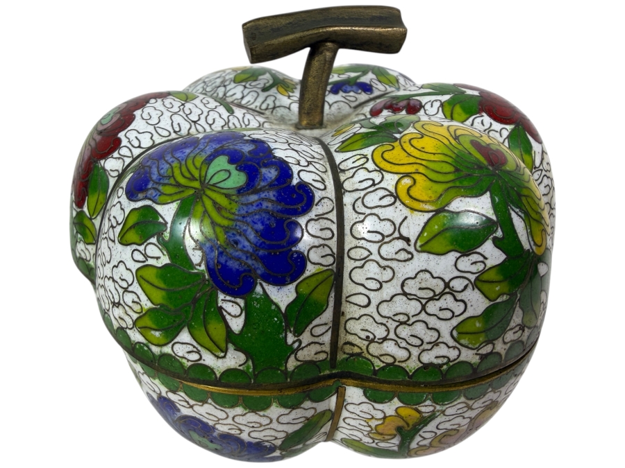 Vintage Chinese Cloisonne Enamel White Ground Pumpkin Shaped Hinged Lidded Trinket Box Featuring Chrysanthemum Blossoms 3'H
